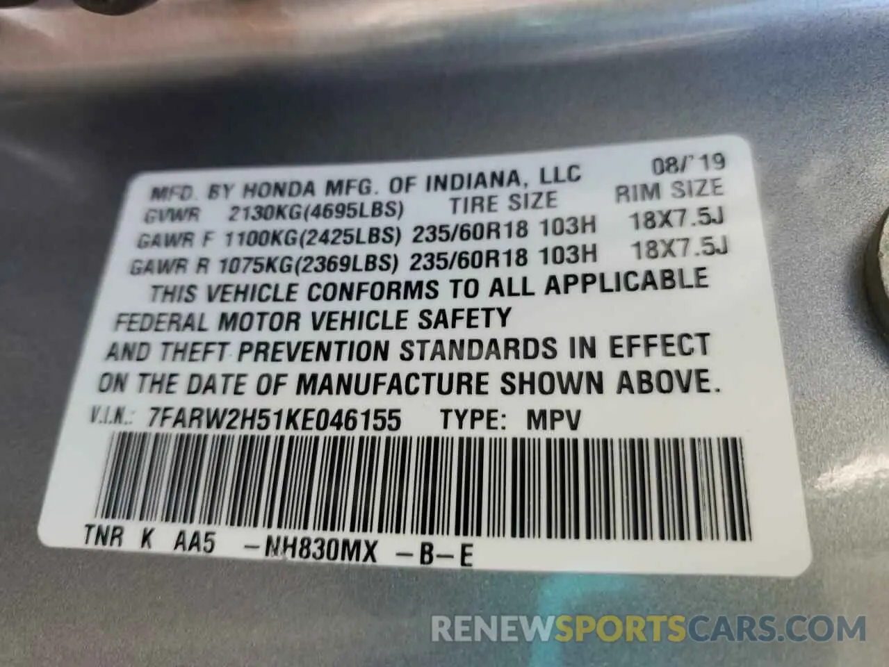 14 Photograph of a damaged car 7FARW2H51KE046155 HONDA CRV 2019