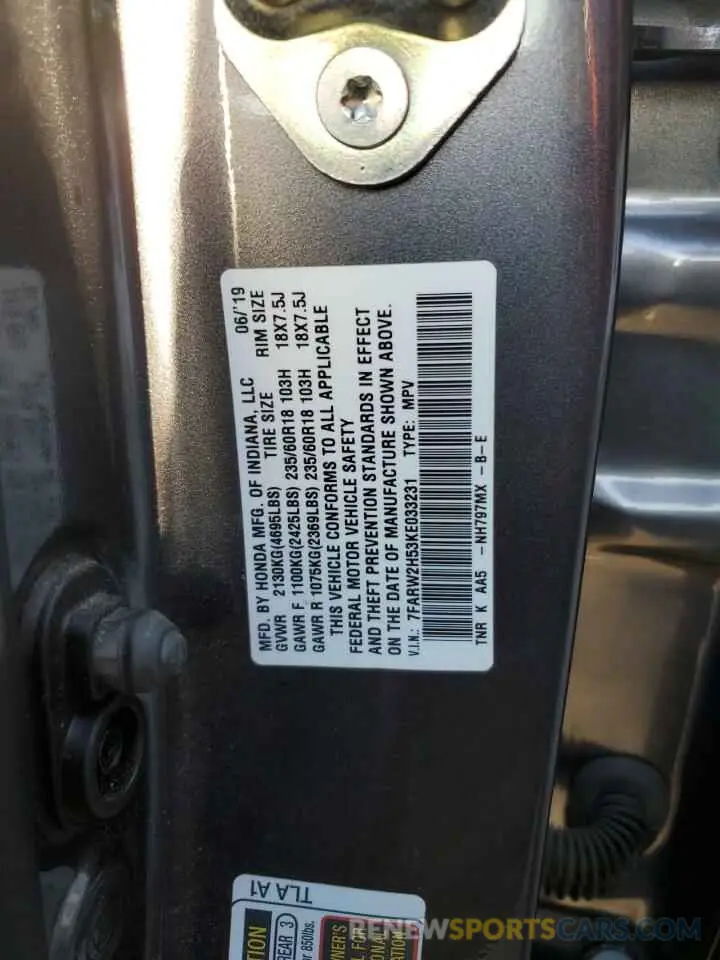 12 Фотография поврежденного автомобиля 7FARW2H53KE033231 HONDA CRV 2019