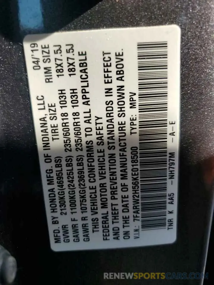 14 Photograph of a damaged car 7FARW2H56KE018500 HONDA CRV 2019