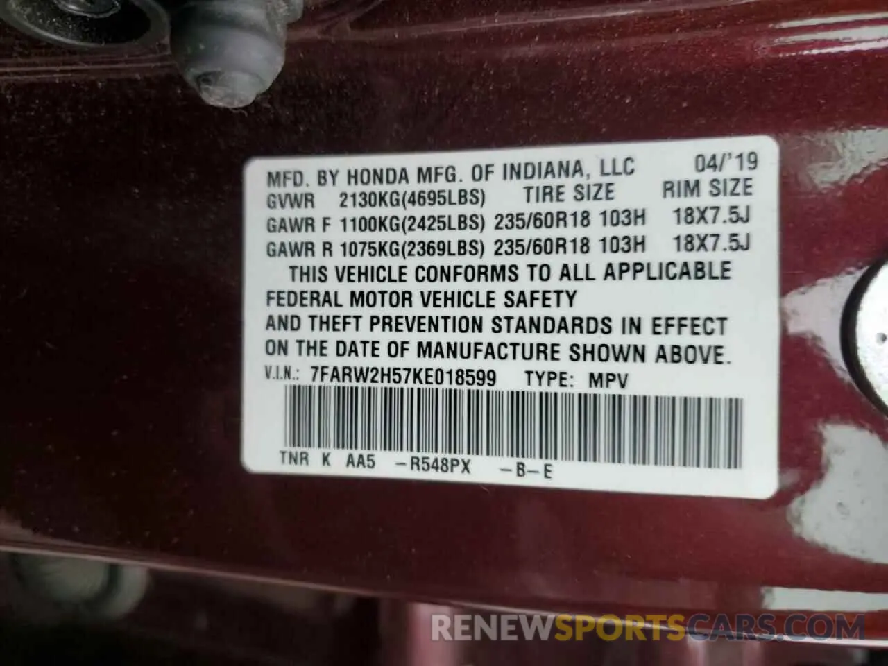 14 Фотография поврежденного автомобиля 7FARW2H57KE018599 HONDA CRV 2019