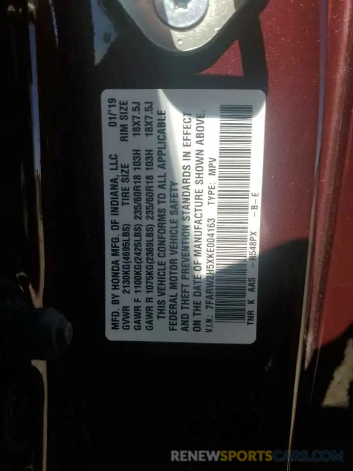 14 Photograph of a damaged car 7FARW2H5XKE004163 HONDA CRV 2019