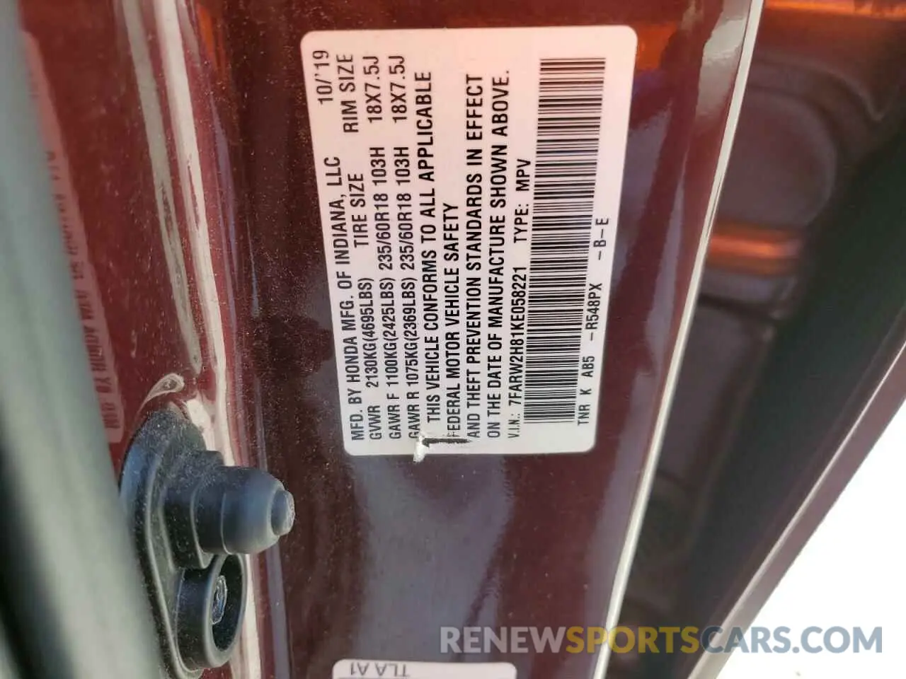 14 Photograph of a damaged car 7FARW2H81KE058221 HONDA CRV 2019