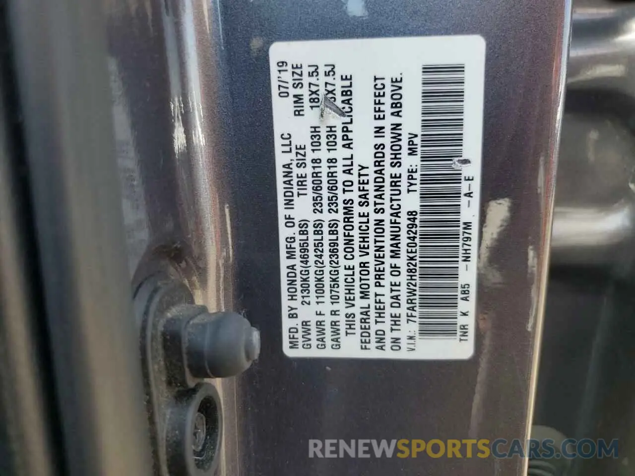 12 Photograph of a damaged car 7FARW2H82KE042948 HONDA CRV 2019