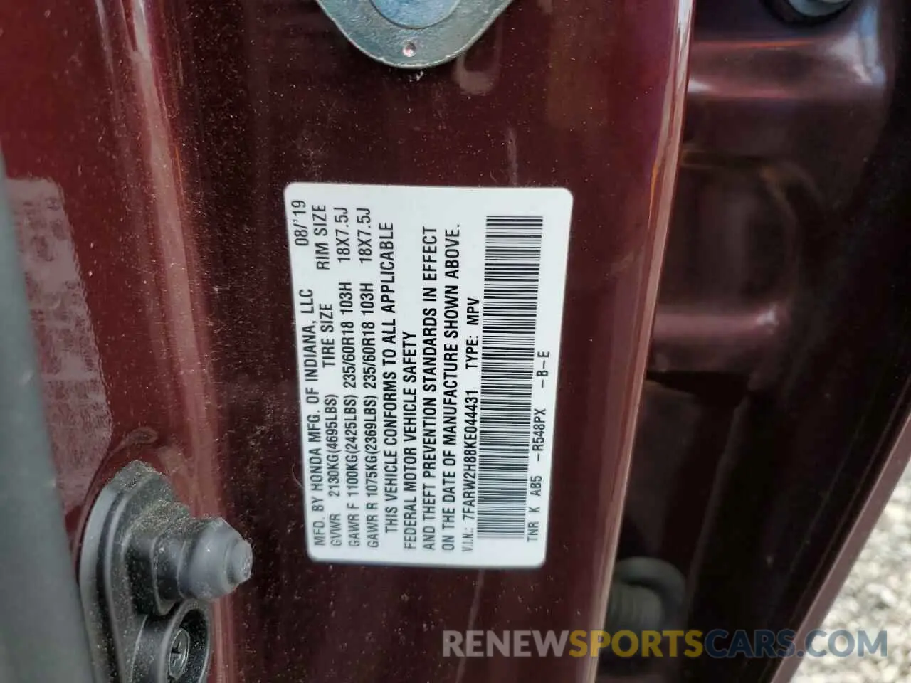 13 Photograph of a damaged car 7FARW2H88KE044431 HONDA CRV 2019