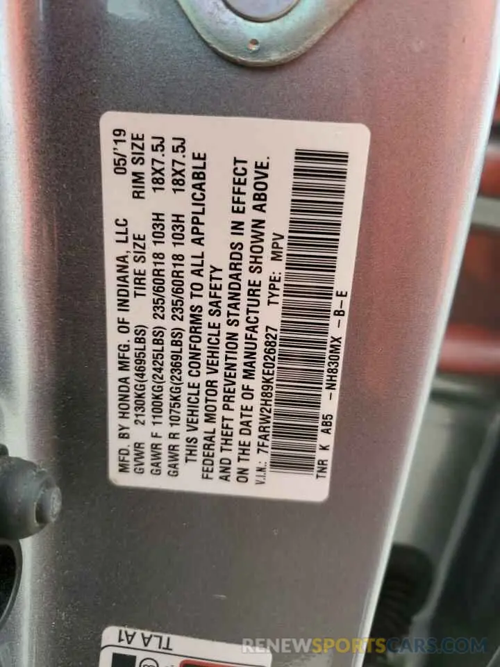 13 Фотография поврежденного автомобиля 7FARW2H89KE026827 HONDA CRV 2019