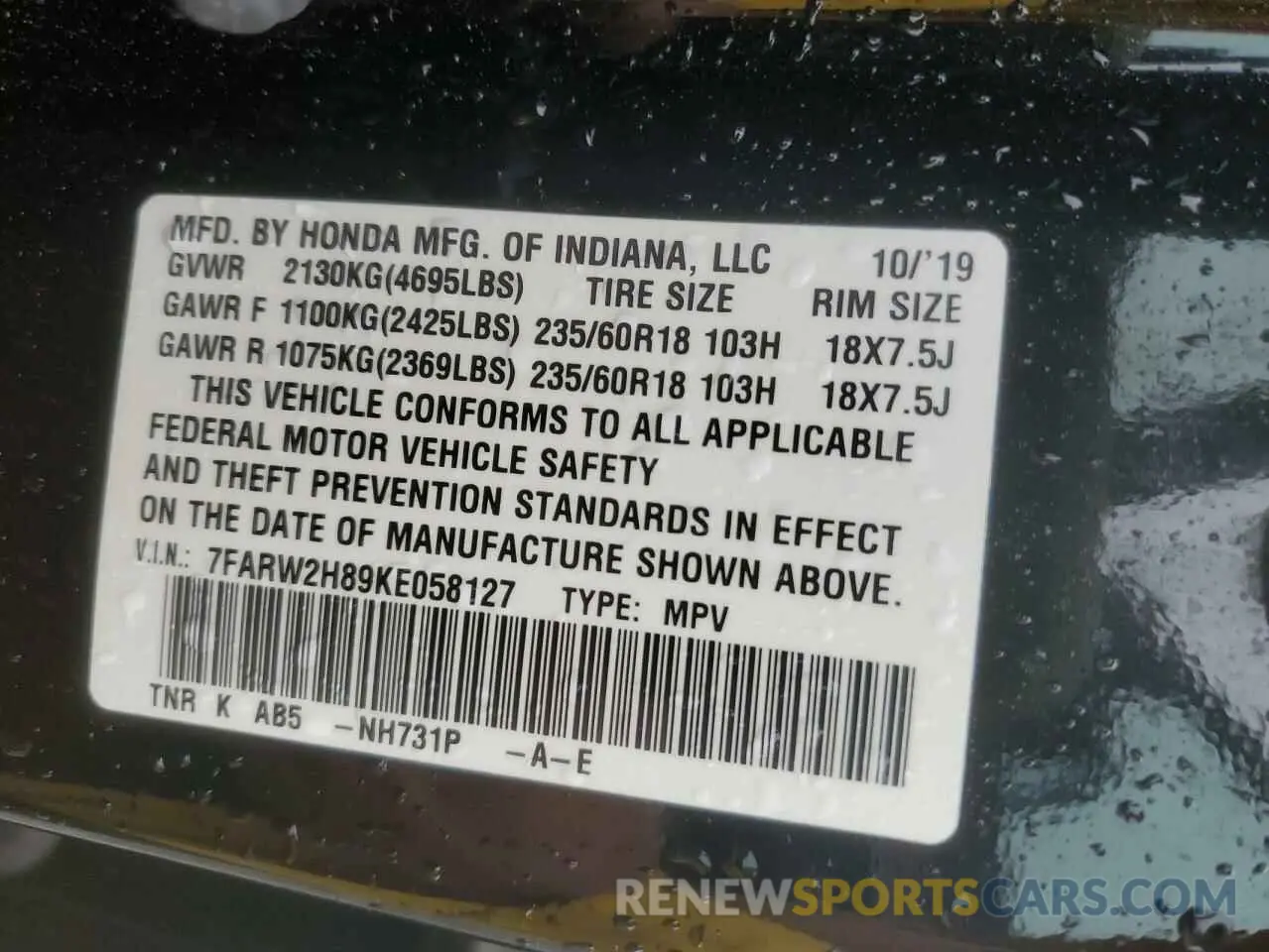 13 Photograph of a damaged car 7FARW2H89KE058127 HONDA CRV 2019