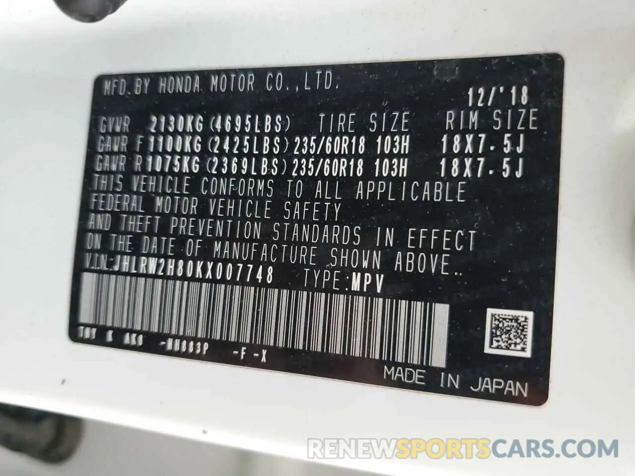 14 Photograph of a damaged car JHLRW2H80KX007748 HONDA CRV 2019