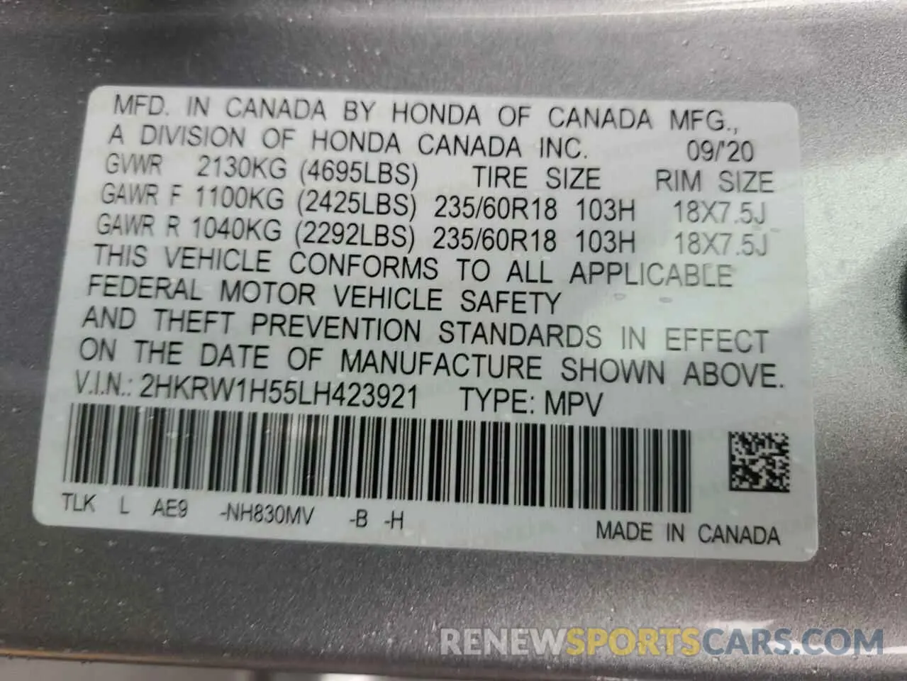 13 Photograph of a damaged car 2HKRW1H55LH423921 HONDA CRV 2020