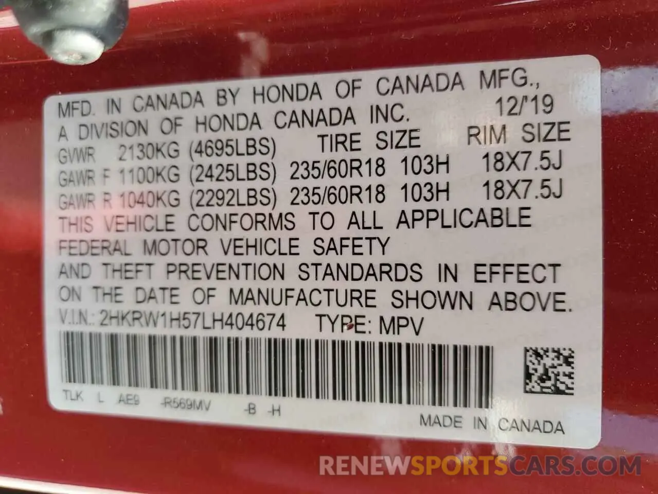 13 Photograph of a damaged car 2HKRW1H57LH404674 HONDA CRV 2020
