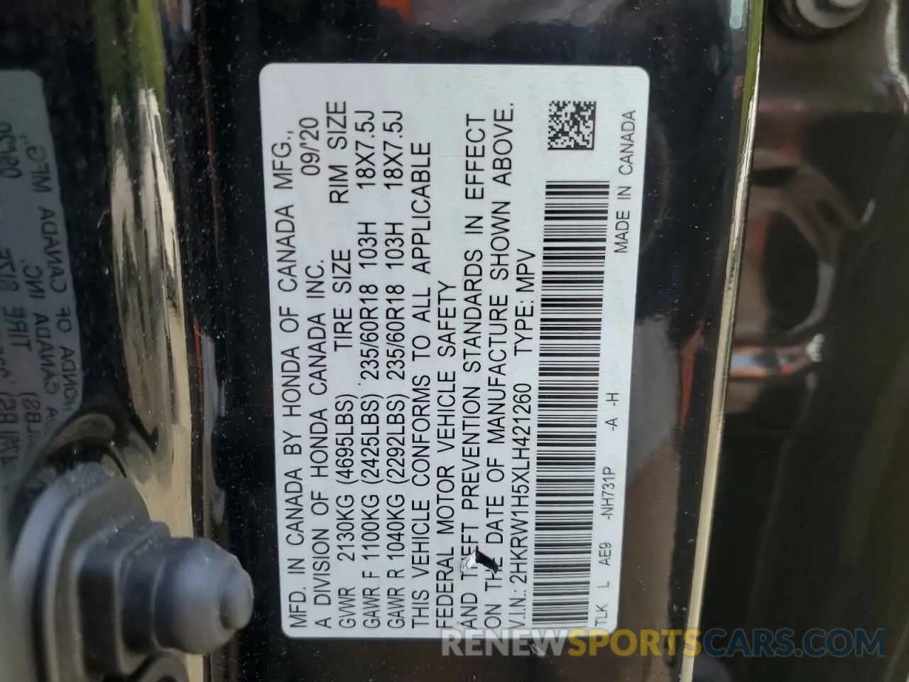 13 Фотография поврежденного автомобиля 2HKRW1H5XLH421260 HONDA CRV 2020