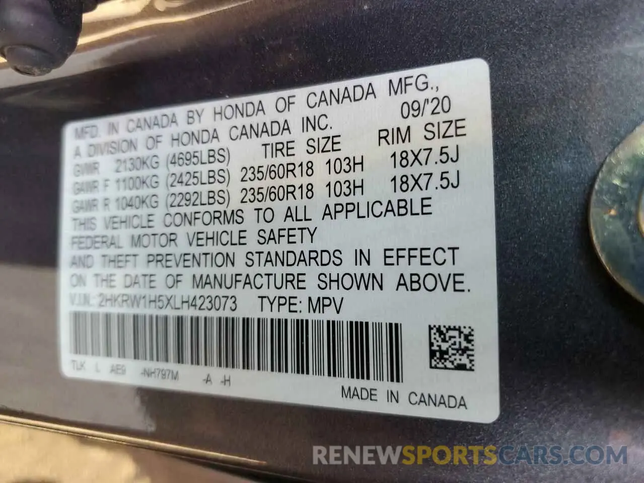 13 Photograph of a damaged car 2HKRW1H5XLH423073 HONDA CRV 2020