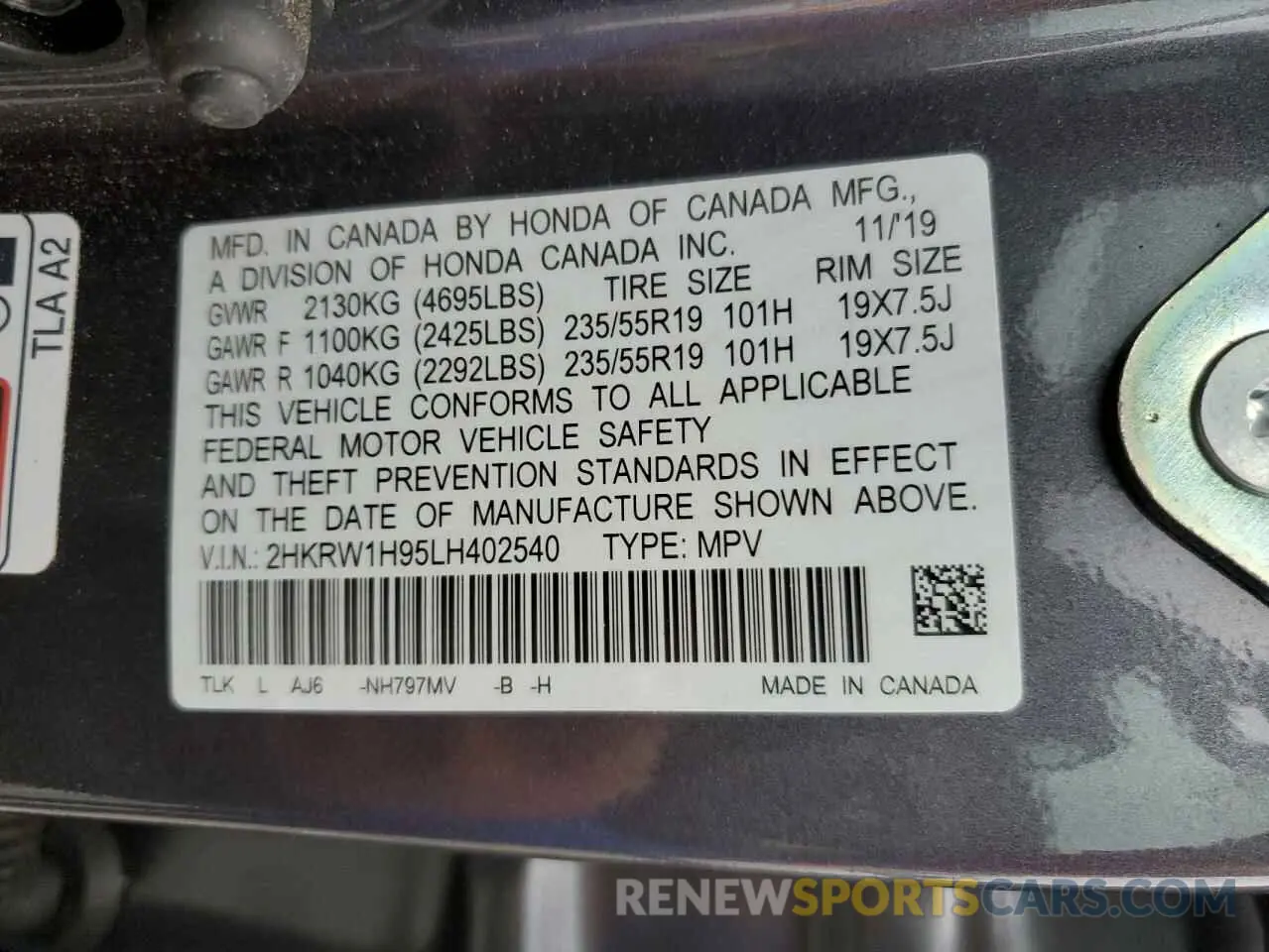 13 Photograph of a damaged car 2HKRW1H95LH402540 HONDA CRV 2020