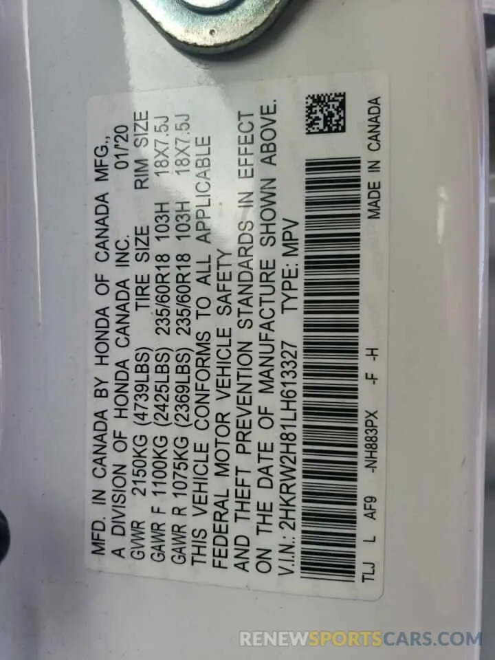 14 Фотография поврежденного автомобиля 2HKRW2H81LH613327 HONDA CRV 2020