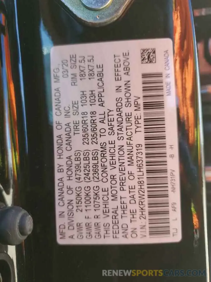 13 Фотография поврежденного автомобиля 2HKRW2H81LH637319 HONDA CRV 2020