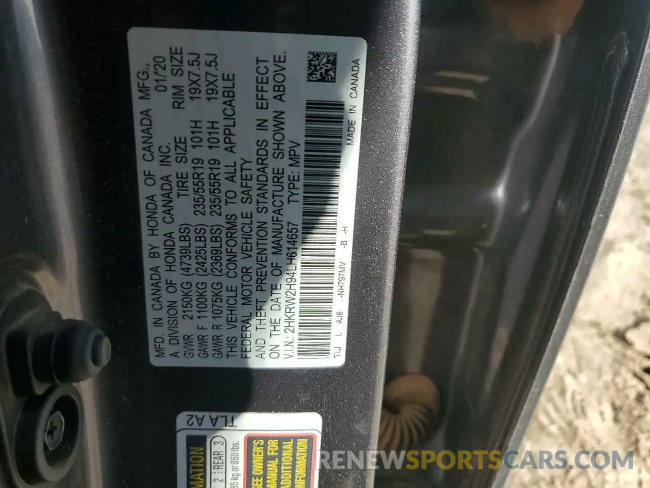 15 Photograph of a damaged car 2HKRW2H94LH614657 HONDA CRV 2020