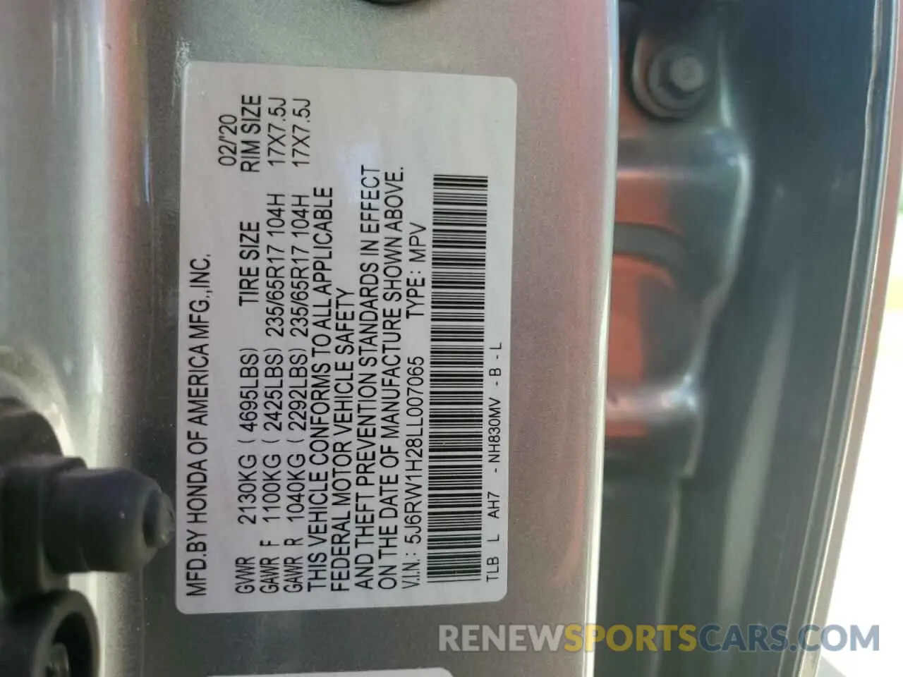13 Фотография поврежденного автомобиля 5J6RW1H28LL007065 HONDA CRV 2020