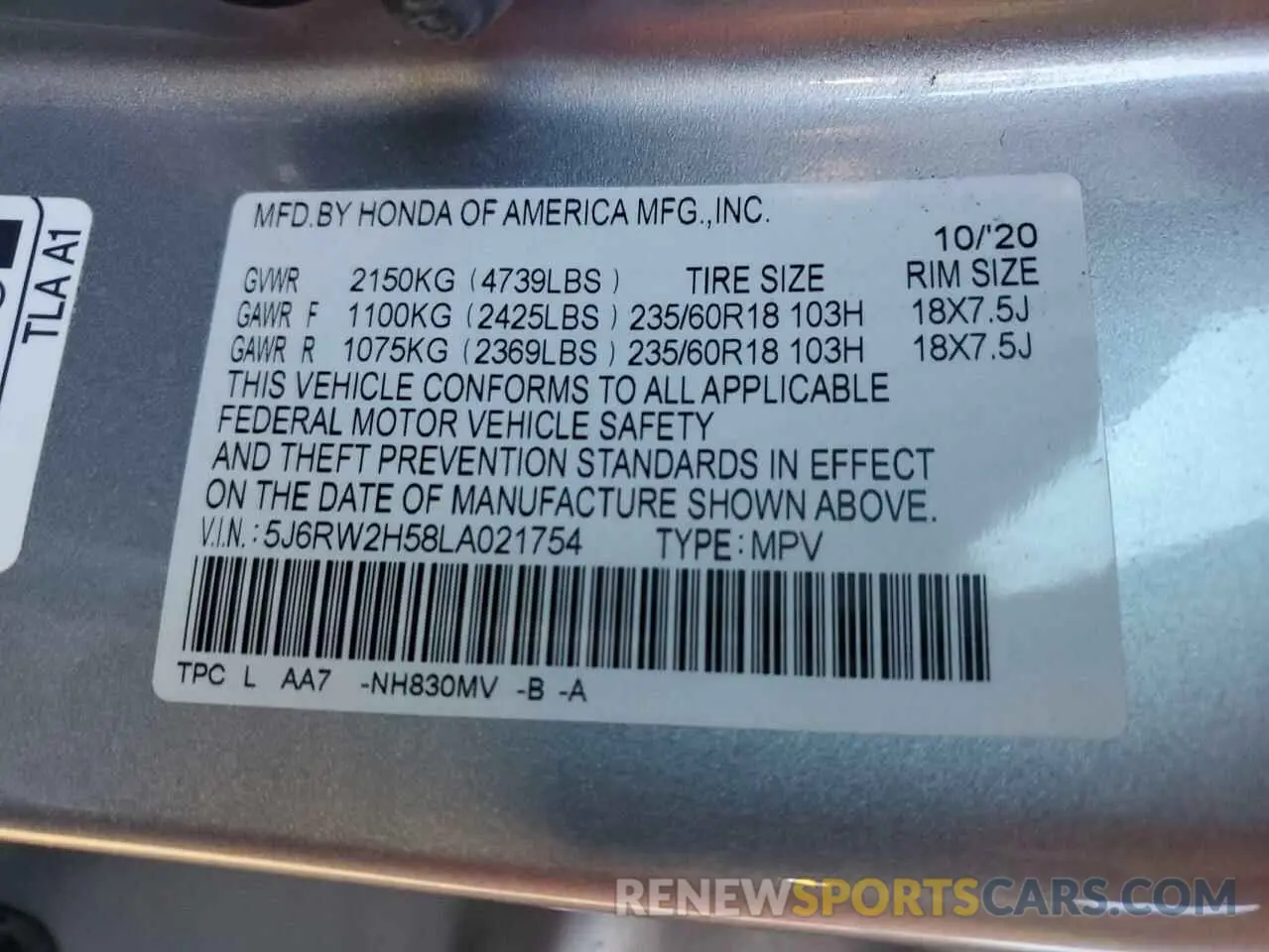 15 Фотография поврежденного автомобиля 5J6RW2H58LA021754 HONDA CRV 2020