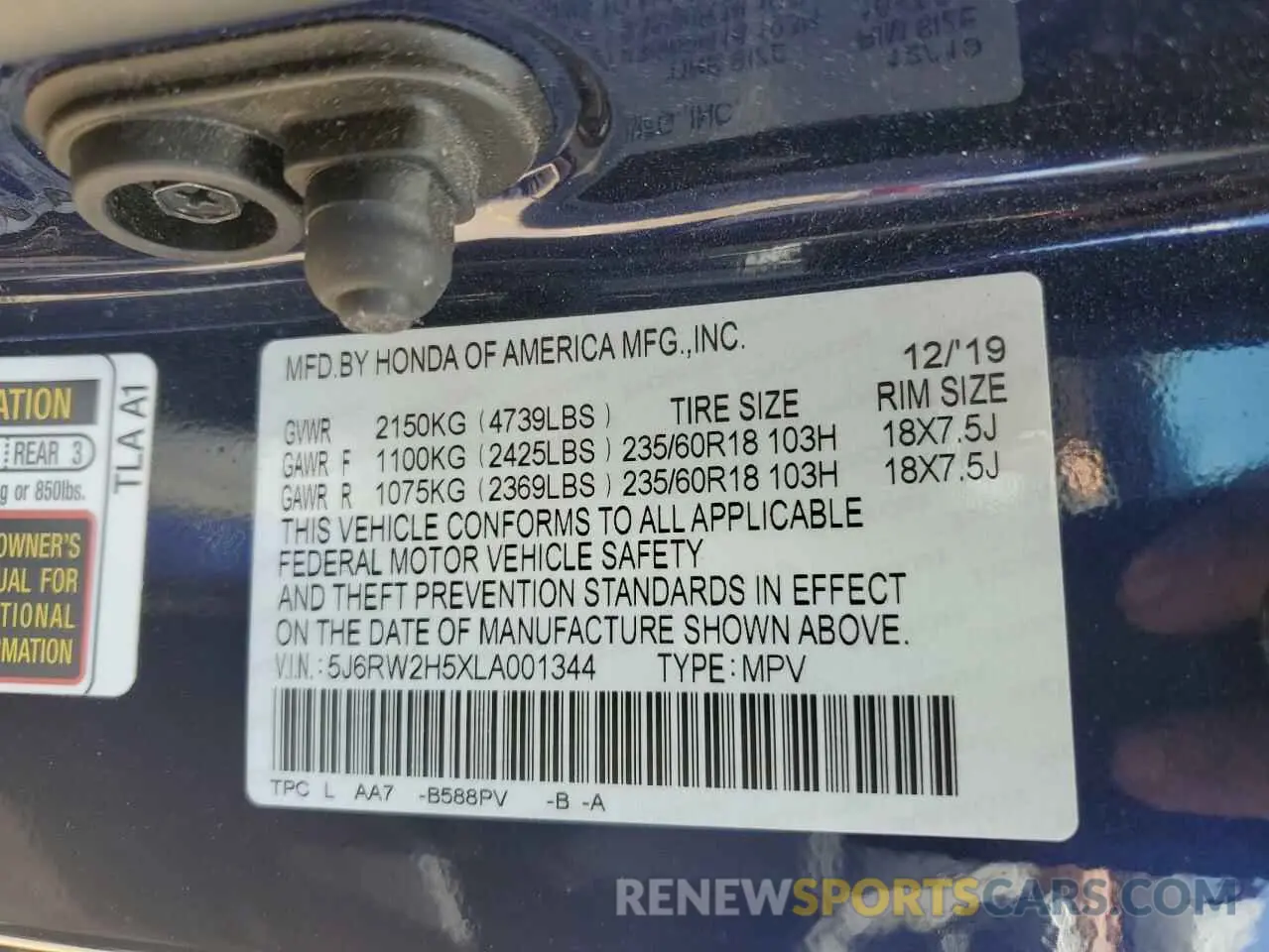 13 Фотография поврежденного автомобиля 5J6RW2H5XLA001344 HONDA CRV 2020