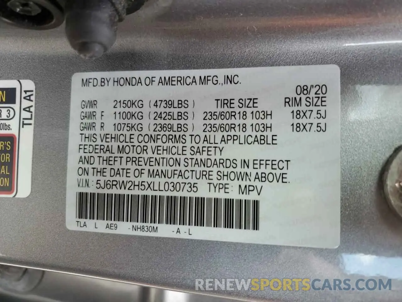 14 Фотография поврежденного автомобиля 5J6RW2H5XLL030735 HONDA CRV 2020