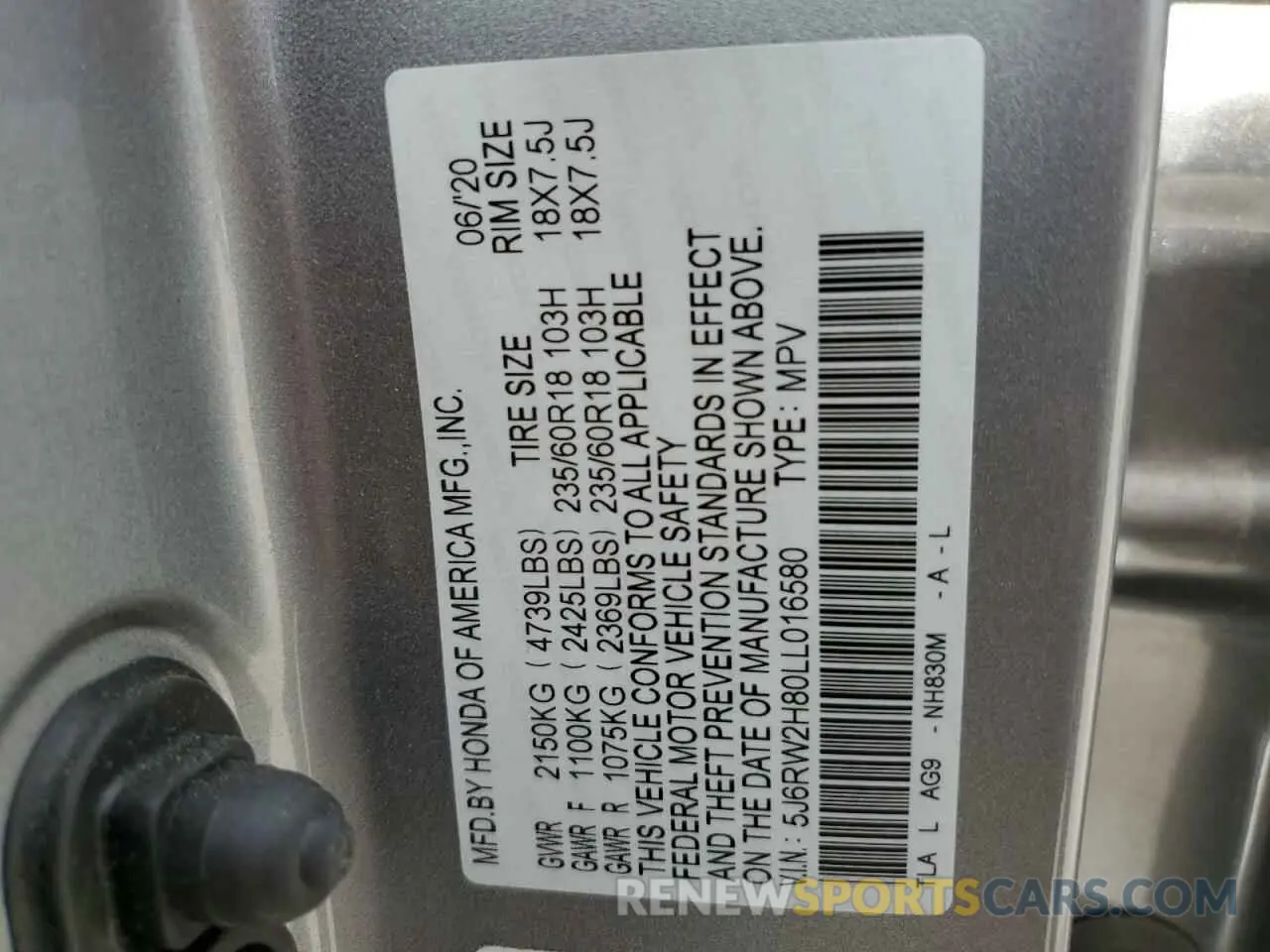 13 Фотография поврежденного автомобиля 5J6RW2H80LL016580 HONDA CRV 2020