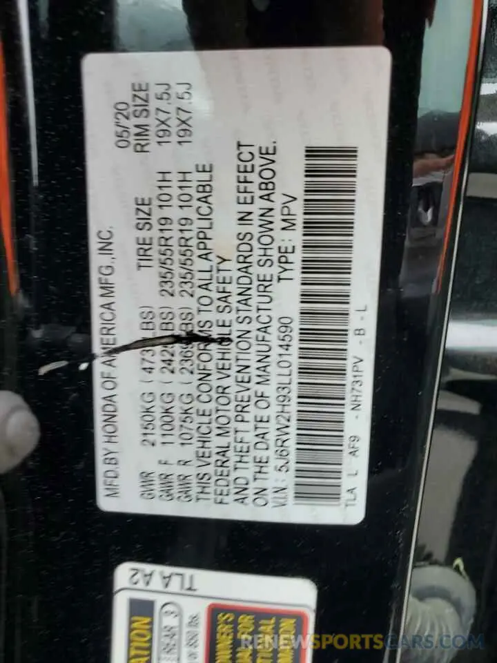 13 Фотография поврежденного автомобиля 5J6RW2H93LL014590 HONDA CRV 2020