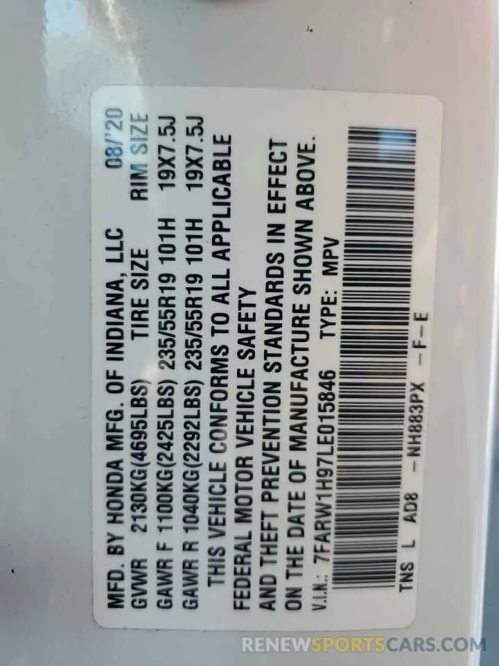 13 Фотография поврежденного автомобиля 7FARW1H97LE015846 HONDA CRV 2020