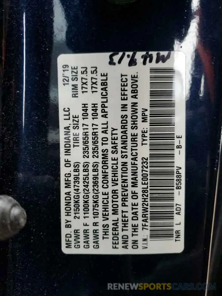 14 Фотография поврежденного автомобиля 7FARW2H28LE007232 HONDA CRV 2020