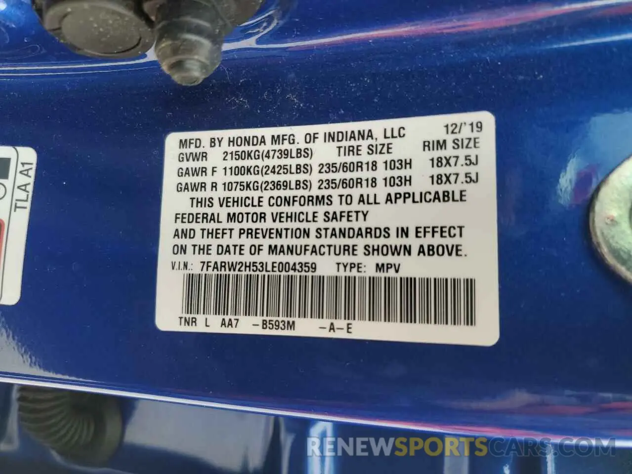 14 Фотография поврежденного автомобиля 7FARW2H53LE004359 HONDA CRV 2020