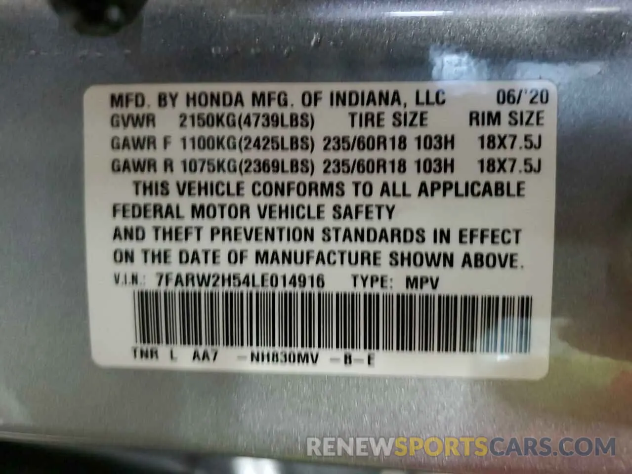13 Фотография поврежденного автомобиля 7FARW2H54LE014916 HONDA CRV 2020
