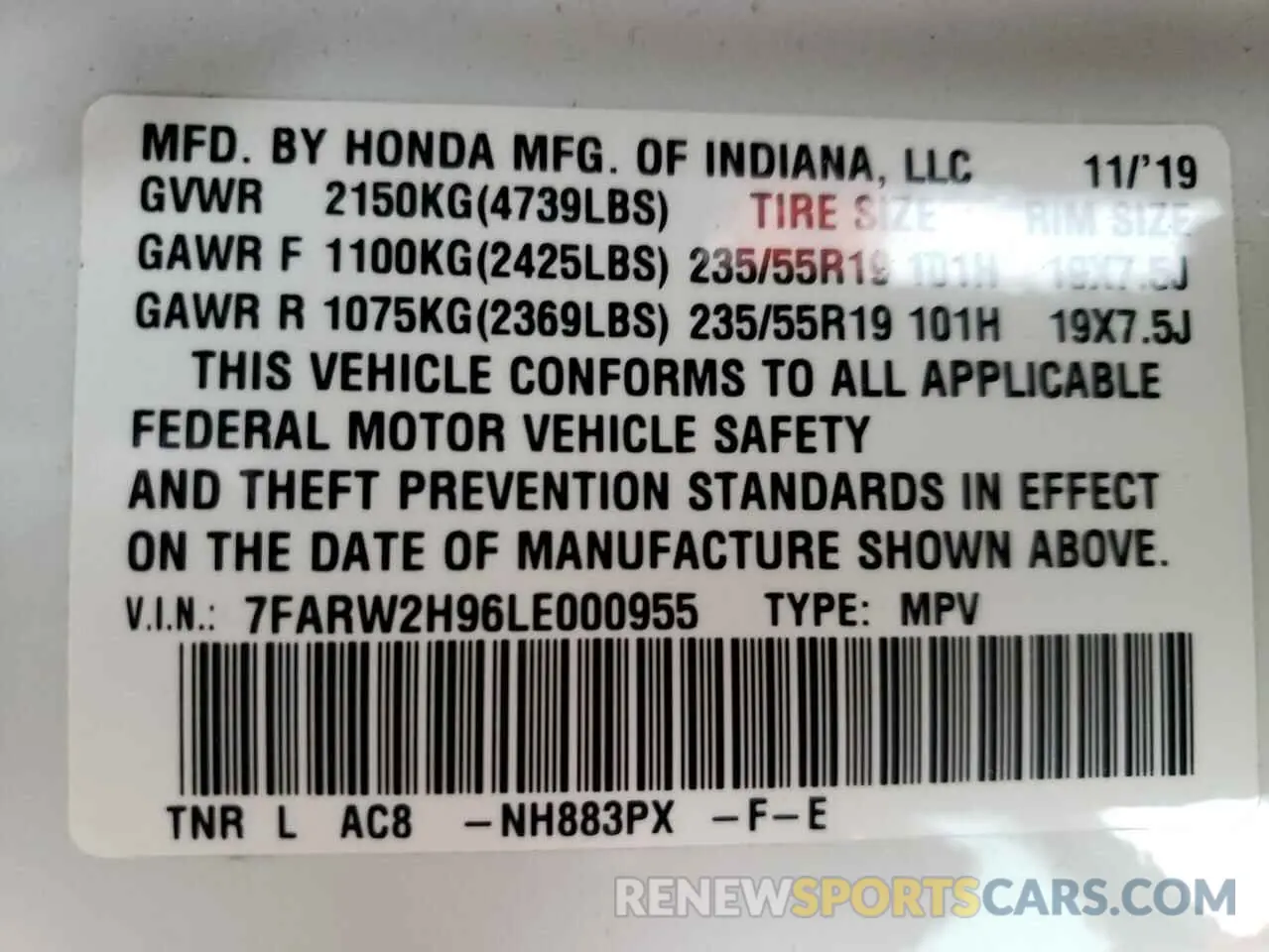 14 Photograph of a damaged car 7FARW2H96LE000955 HONDA CRV 2020