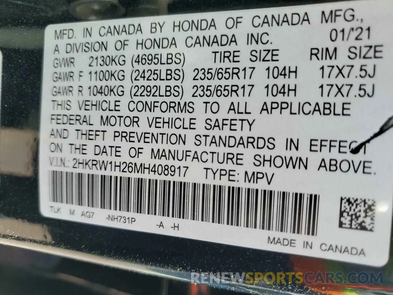 14 Photograph of a damaged car 2HKRW1H26MH408917 HONDA CRV 2021