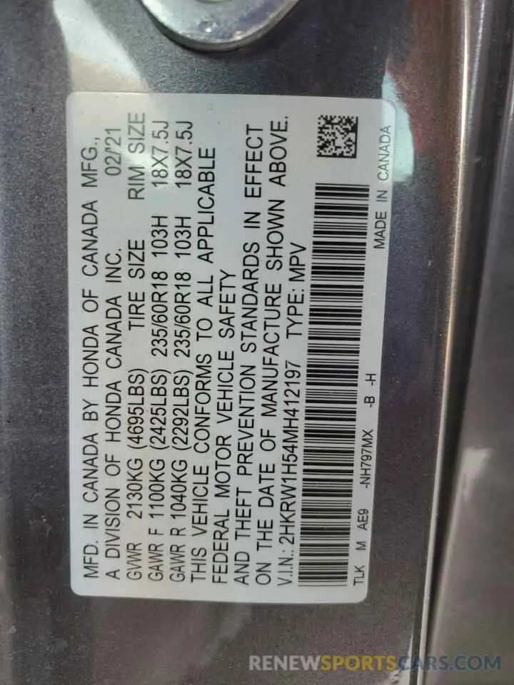 15 Photograph of a damaged car 2HKRW1H54MH412197 HONDA CRV 2021