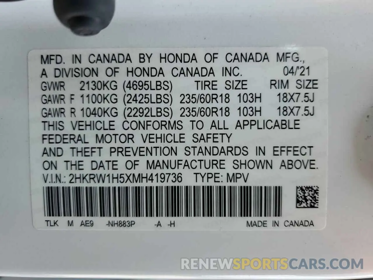 14 Photograph of a damaged car 2HKRW1H5XMH419736 HONDA CRV 2021