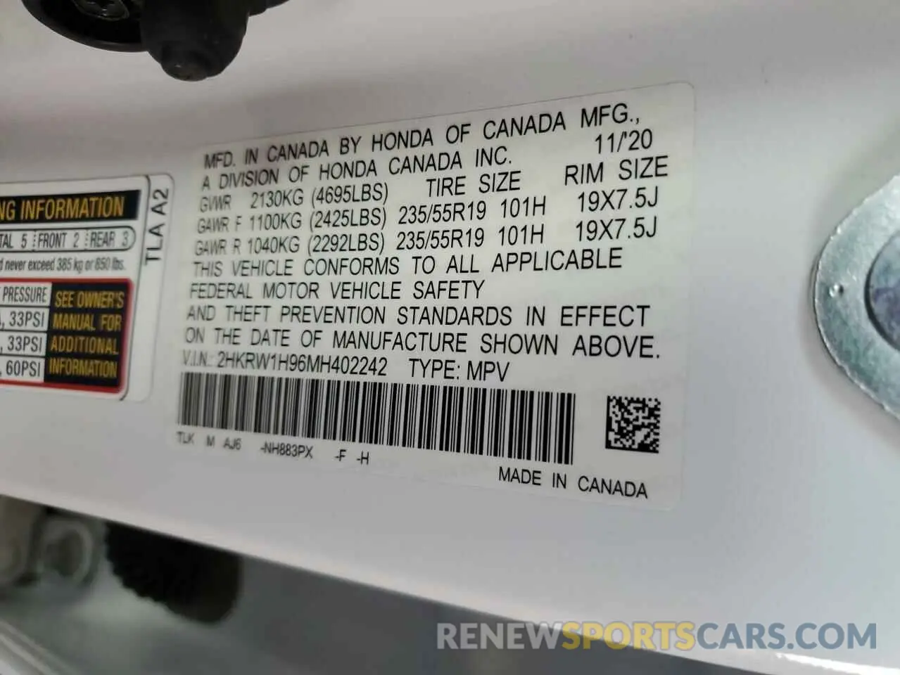 12 Фотография поврежденного автомобиля 2HKRW1H96MH402242 HONDA CRV 2021