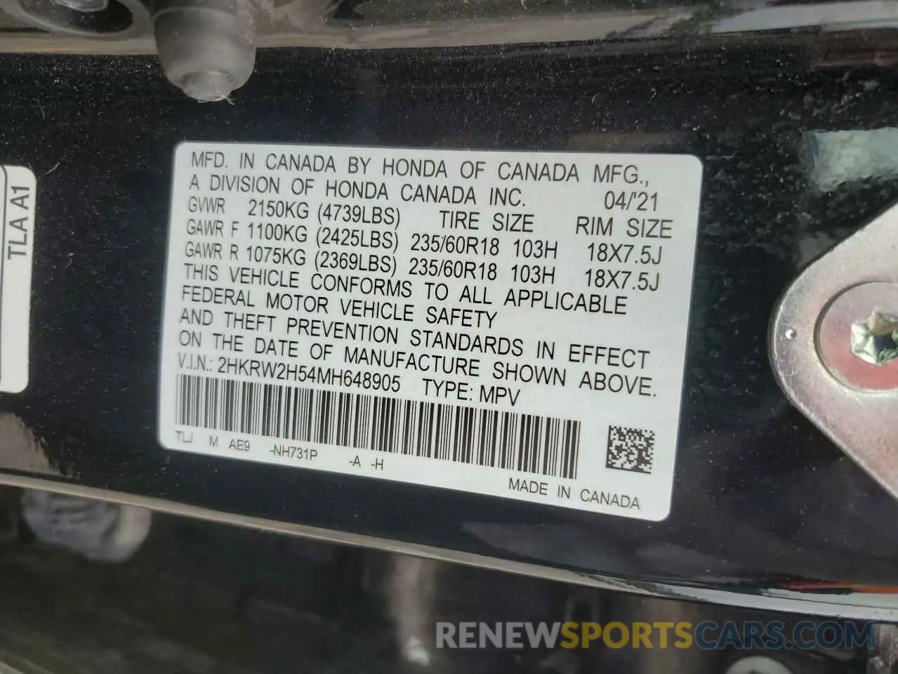 13 Фотография поврежденного автомобиля 2HKRW2H54MH648905 HONDA CRV 2021