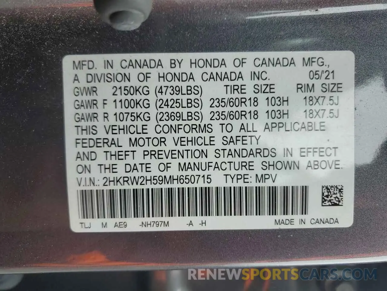 15 Photograph of a damaged car 2HKRW2H59MH650715 HONDA CRV 2021