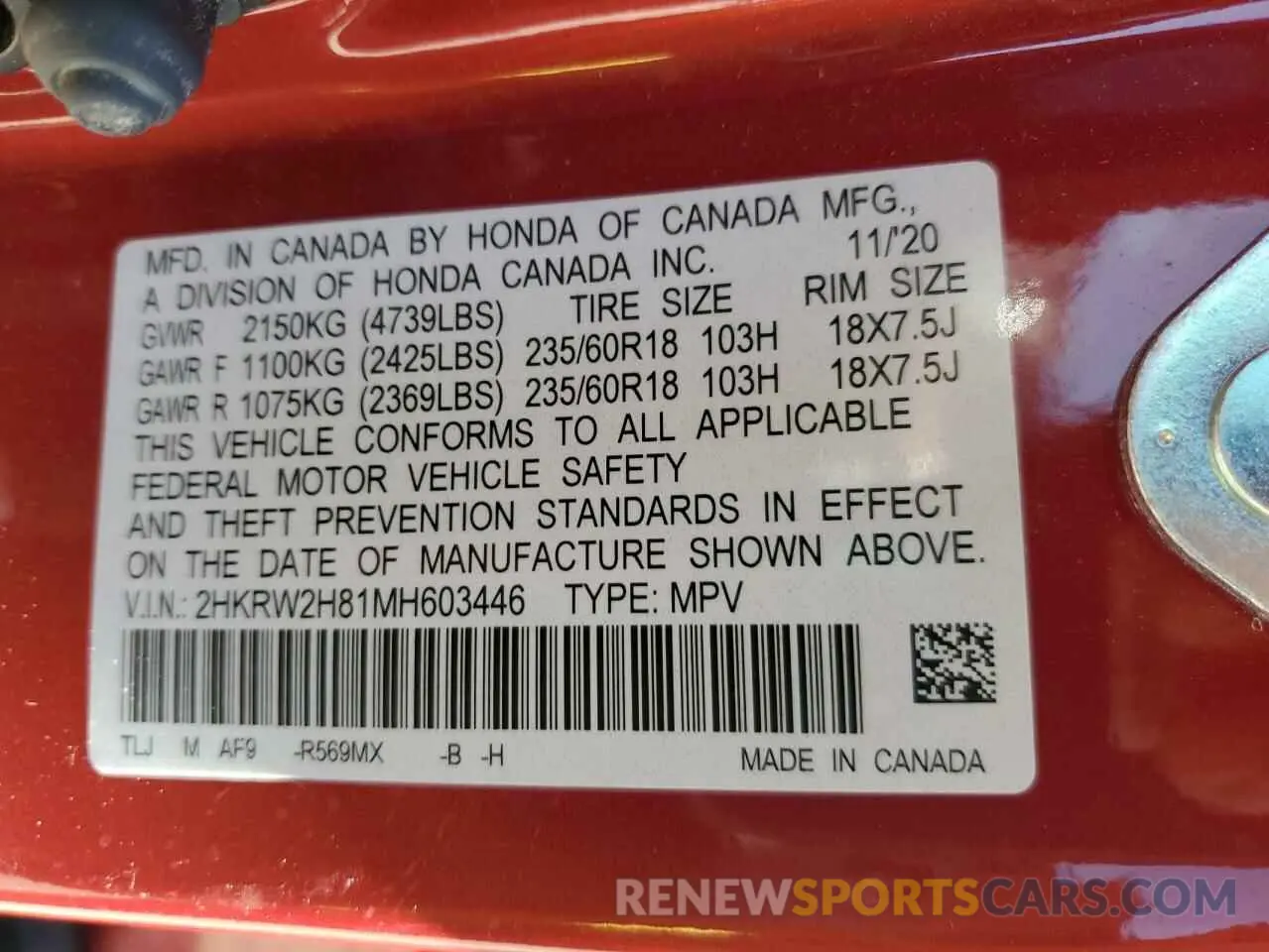 14 Photograph of a damaged car 2HKRW2H81MH603446 HONDA CRV 2021
