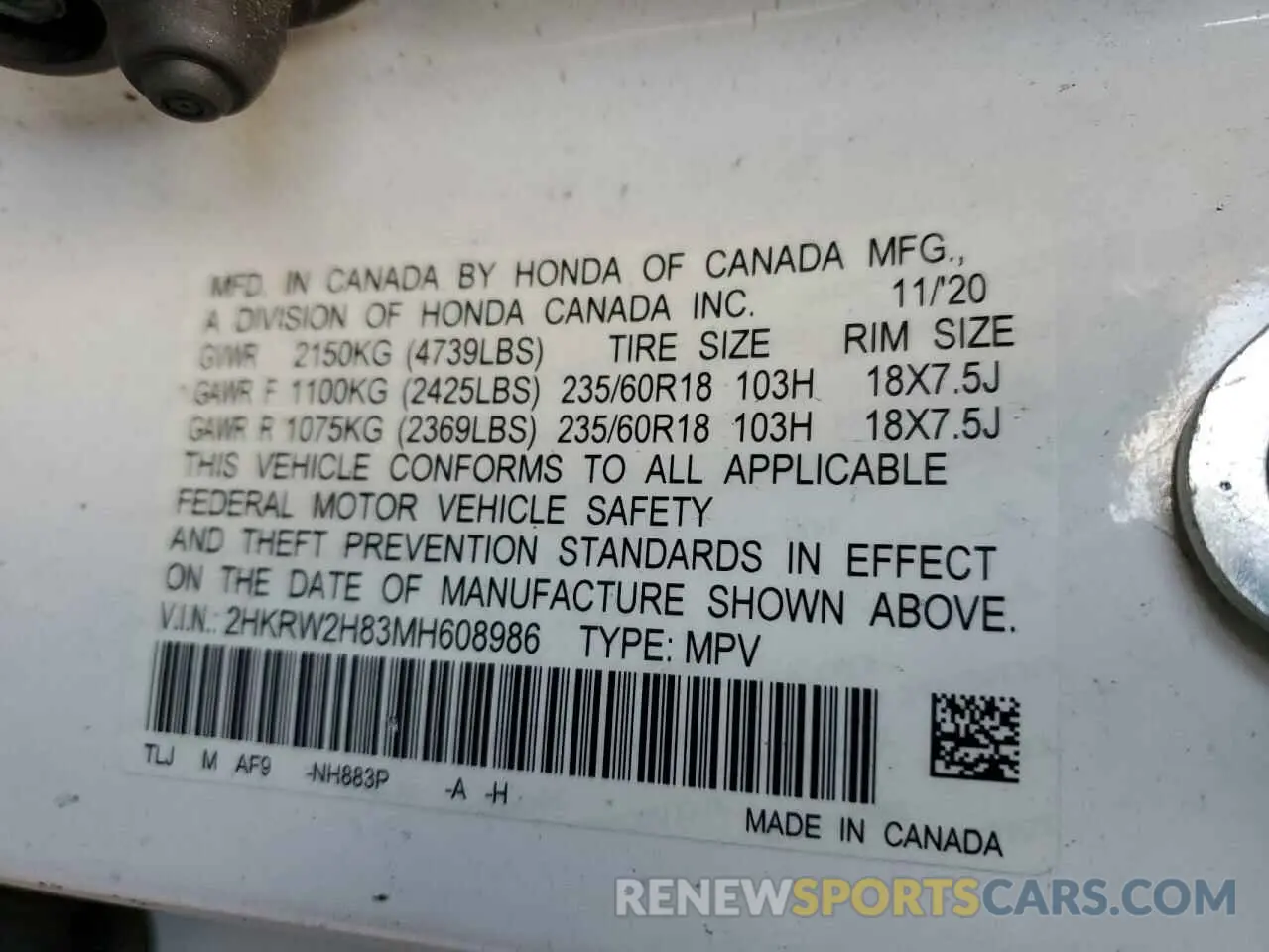 13 Фотография поврежденного автомобиля 2HKRW2H83MH608986 HONDA CRV 2021