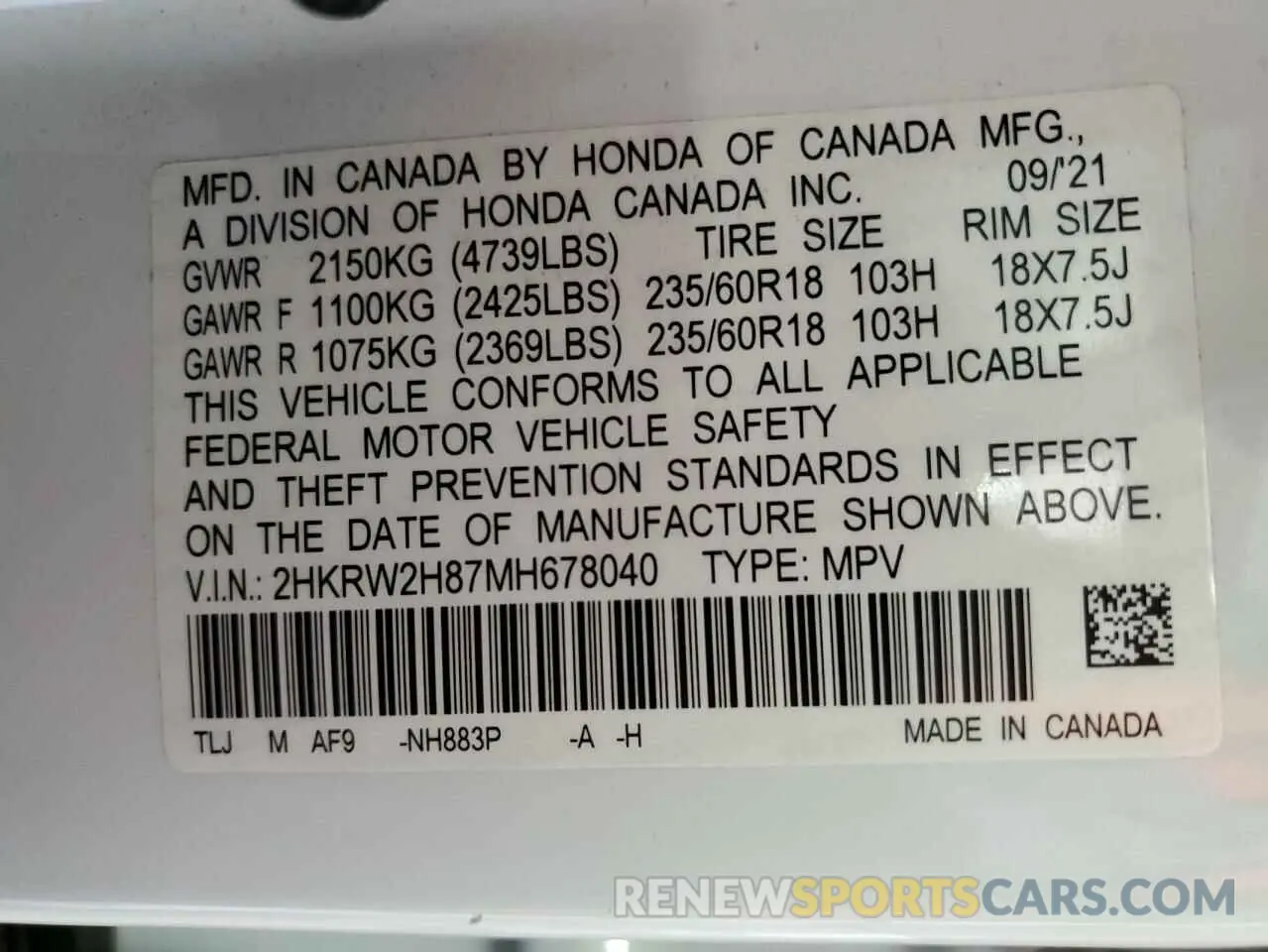 13 Фотография поврежденного автомобиля 2HKRW2H87MH678040 HONDA CRV 2021