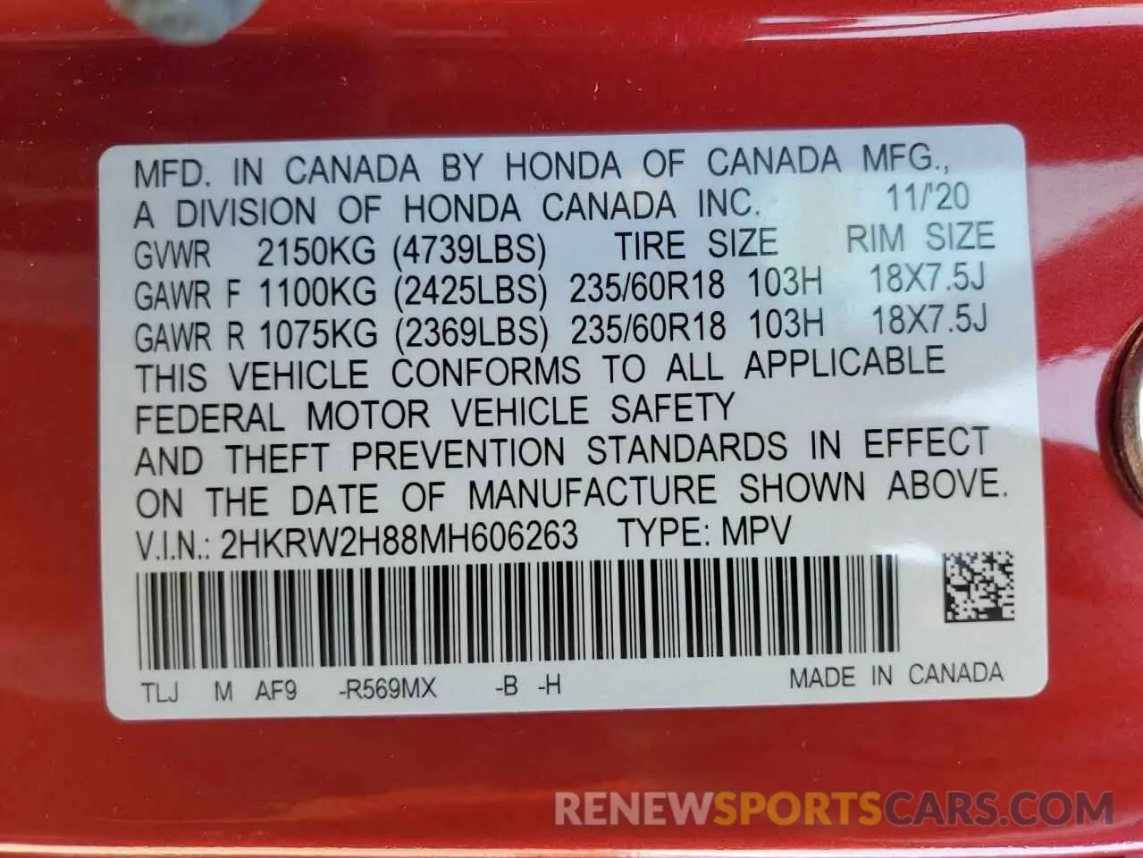 13 Photograph of a damaged car 2HKRW2H88MH606263 HONDA CRV 2021