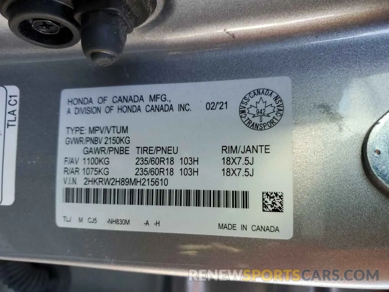14 Photograph of a damaged car 2HKRW2H89MH215610 HONDA CRV 2021