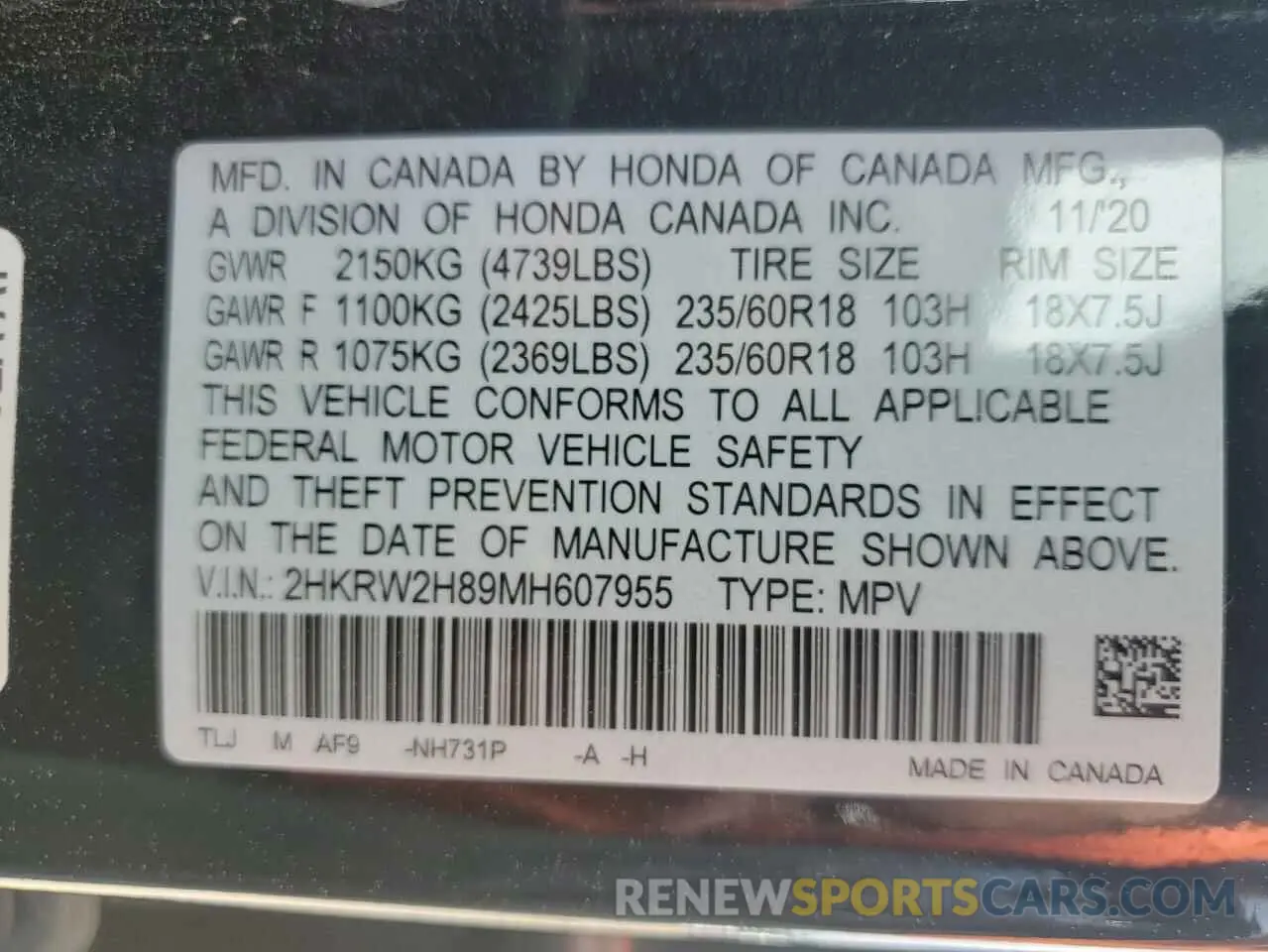 12 Photograph of a damaged car 2HKRW2H89MH607955 HONDA CRV 2021
