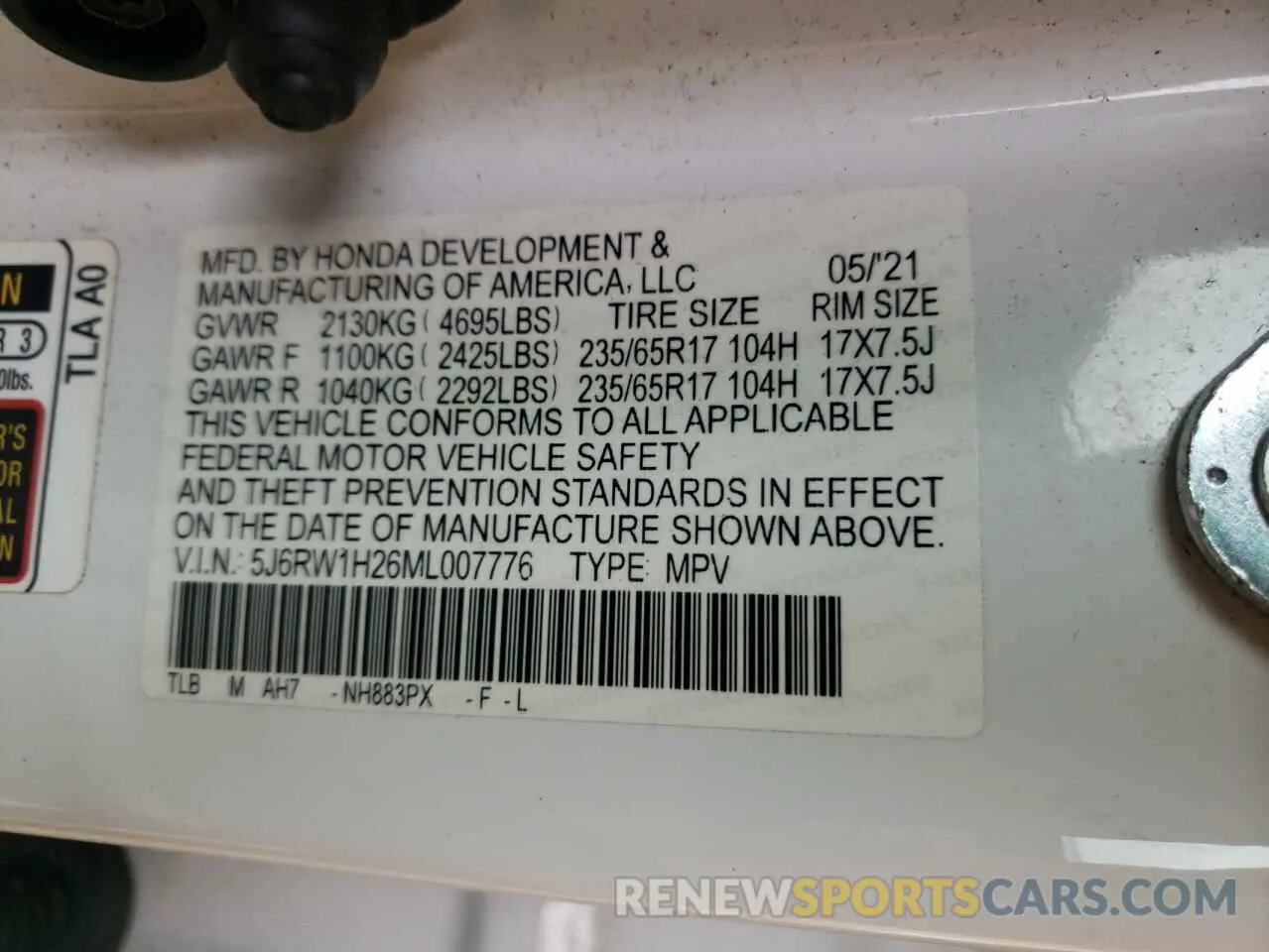 15 Photograph of a damaged car 5J6RW1H26ML007776 HONDA CRV 2021