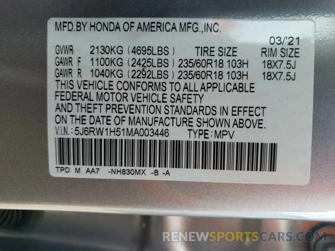 13 Photograph of a damaged car 5J6RW1H51MA003446 HONDA CRV 2021