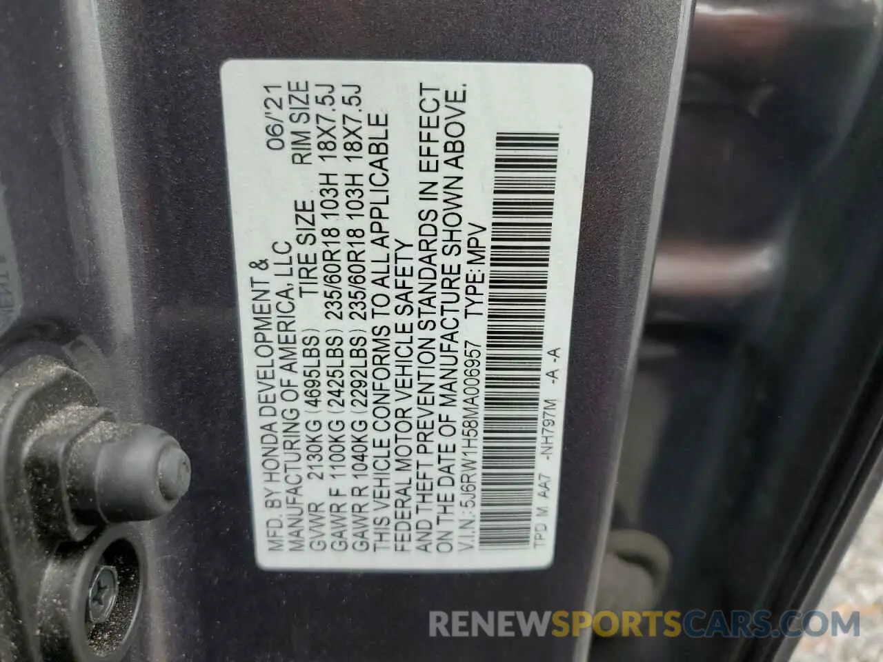 13 Фотография поврежденного автомобиля 5J6RW1H58MA006957 HONDA CRV 2021