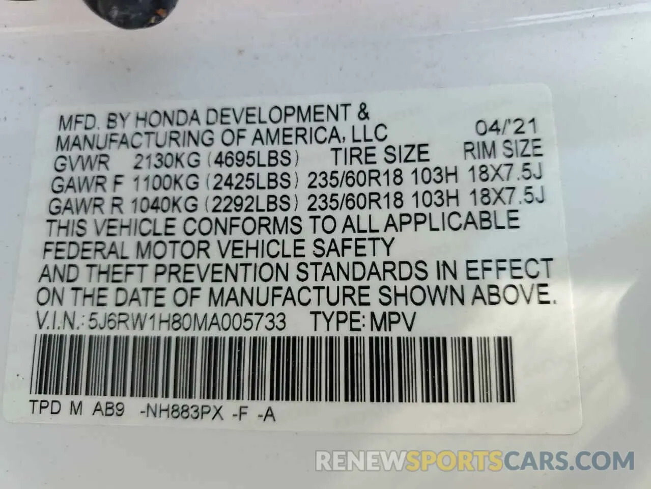 13 Photograph of a damaged car 5J6RW1H80MA005733 HONDA CRV 2021