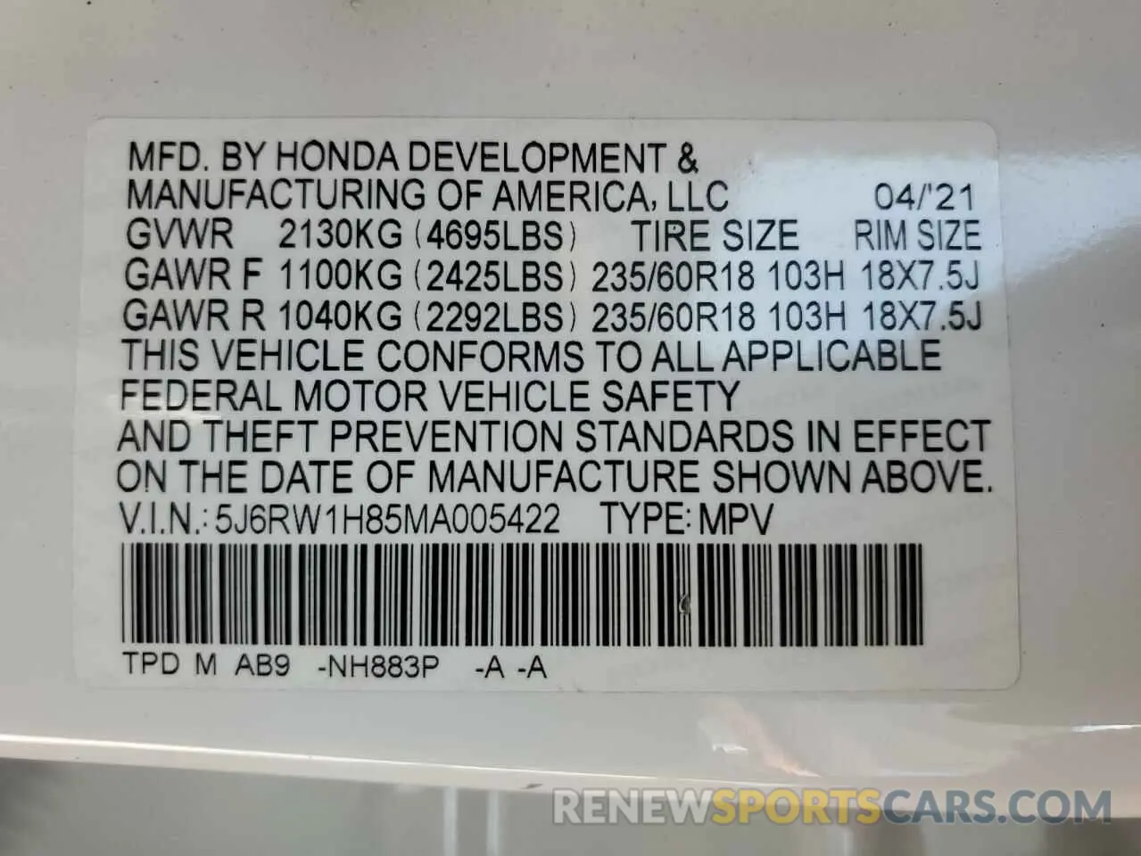 14 Photograph of a damaged car 5J6RW1H85MA005422 HONDA CRV 2021