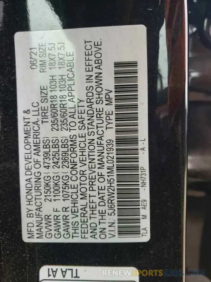 12 Фотография поврежденного автомобиля 5J6RW2H51ML021939 HONDA CRV 2021