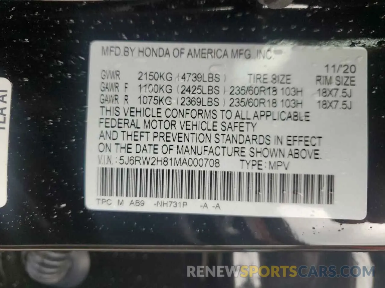 13 Photograph of a damaged car 5J6RW2H81MA000708 HONDA CRV 2021