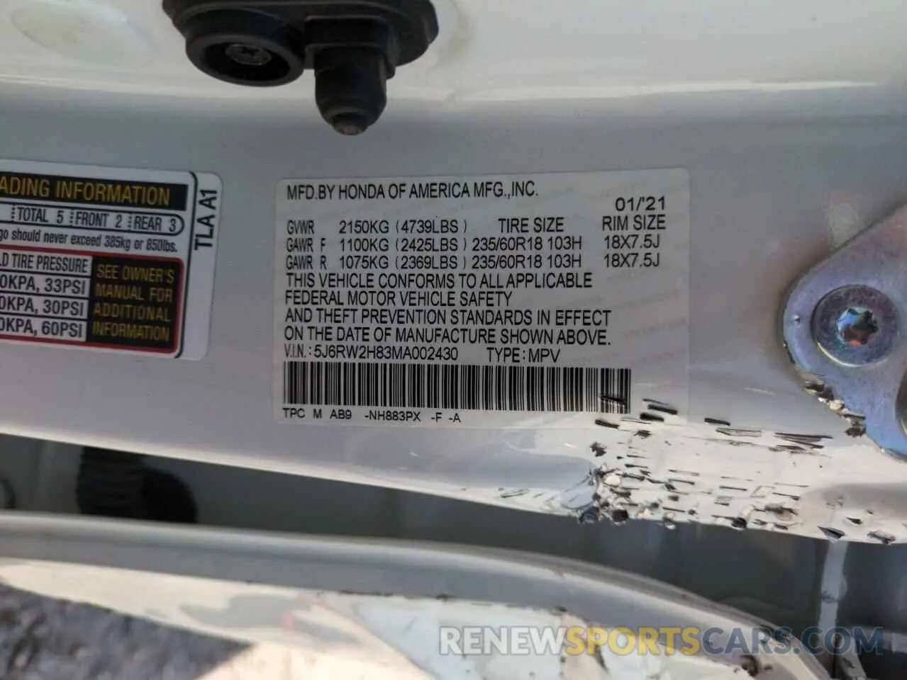 12 Photograph of a damaged car 5J6RW2H83MA002430 HONDA CRV 2021